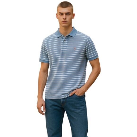 Polo Ralph Lauren Men's Striped Polo Shirt Preppy Light Blue White Size Large - Picture 1 of 5
